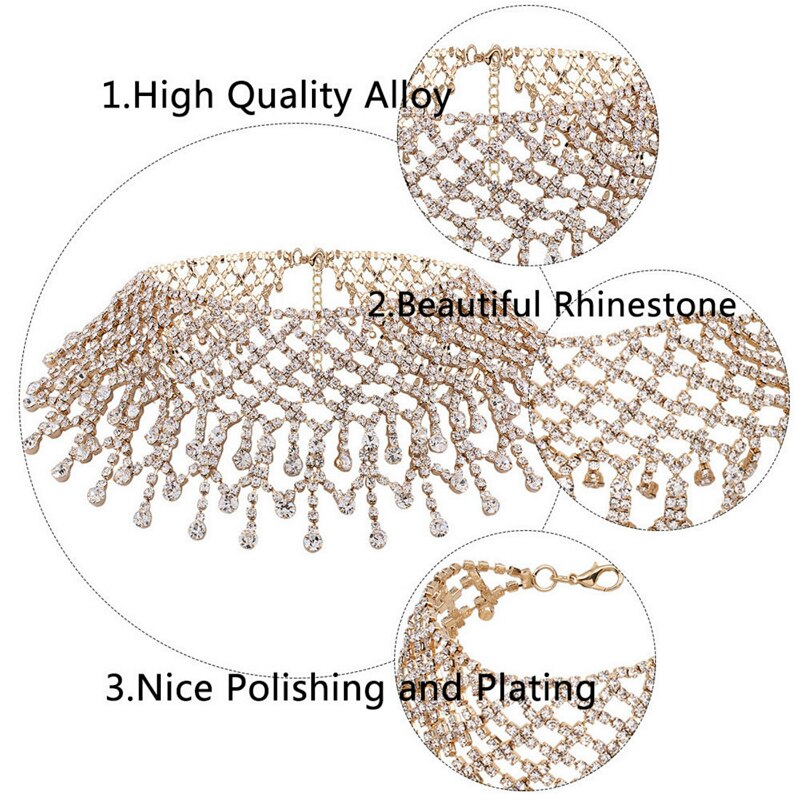 Crystal Rhinestone Choker Necklace For Women Tassel Chain Punk Hyperbole Vintage Necklace Statement Jewelry