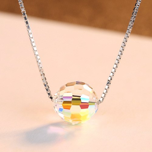 Luxury Crystal Round Pendant Necklace Ball Shape Genuine 925 Sterling Silver Necklace Gift for Women Clear Crystal