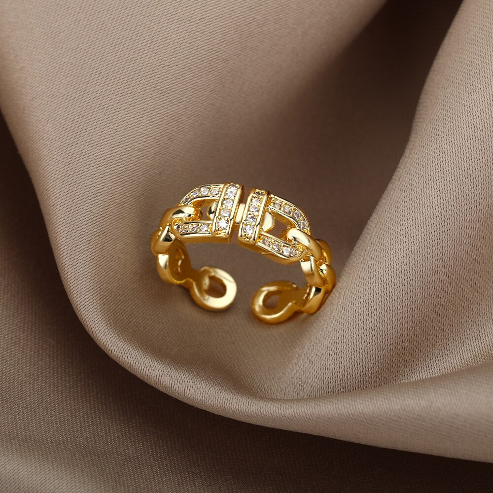 Cuban Link Chain Rings For Women Zirconia Stainless Steel Gold Color Ring 2023 Trend Hip Hop Punk Jewelry anillos mujer