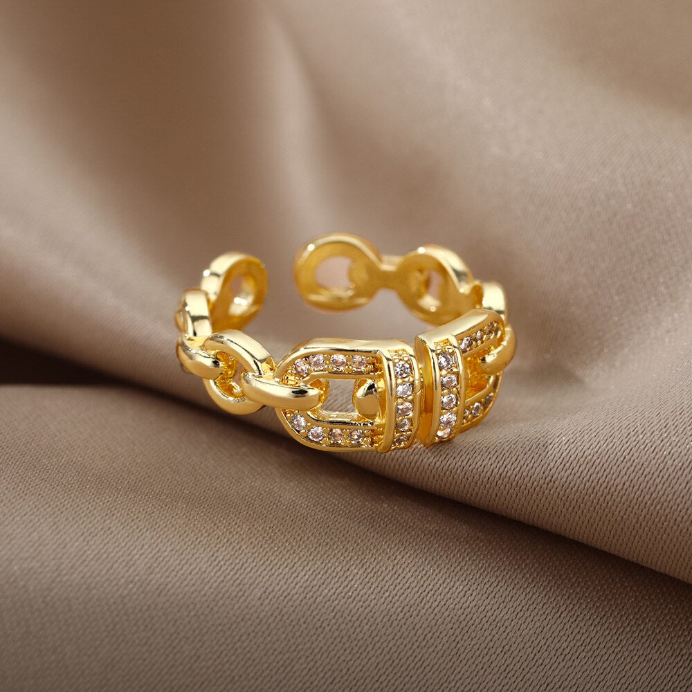 Cuban Link Chain Rings For Women Zirconia Stainless Steel Gold Color Ring 2023 Trend Hip Hop Punk Jewelry anillos mujer