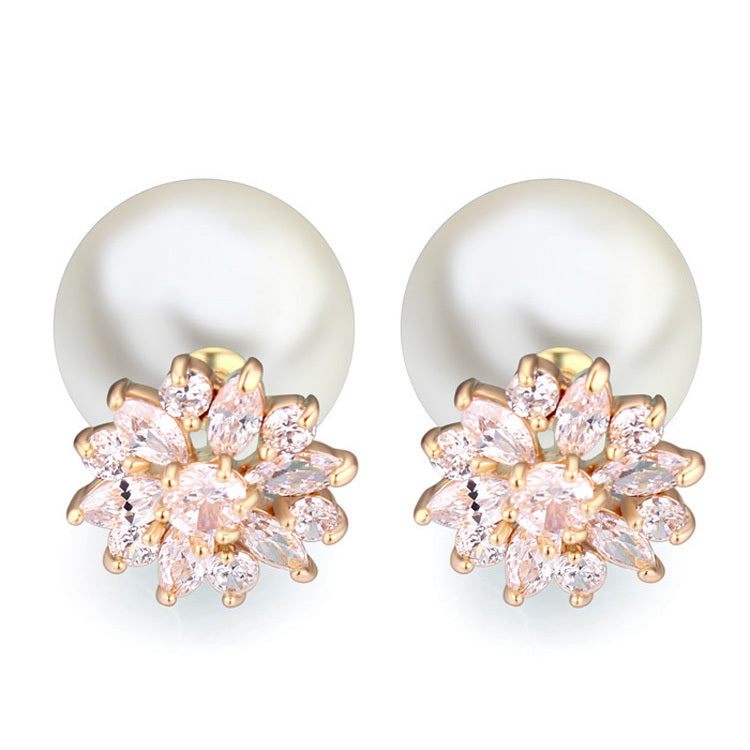Luxury Daisy Stud Earrings Fine Jewelry Rose Gold Color AAA Cubic Zirconia Double Sided Pearl Statement Earrings For Women