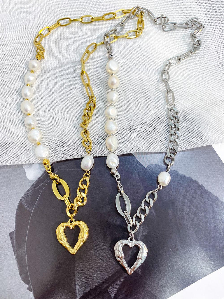 Famous Brand Jewelry Gold Color Heart-shaped Stainless Steel pearl Necklace For Woman Gift