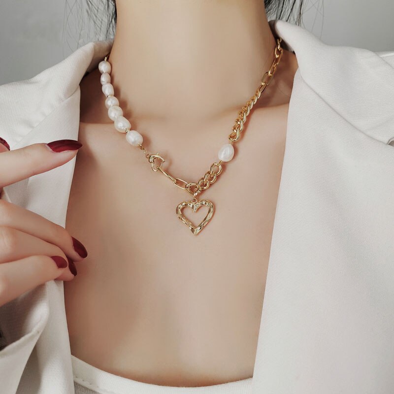 Famous Brand Jewelry Gold Color Heart-shaped Stainless Steel pearl Necklace For Woman Gift