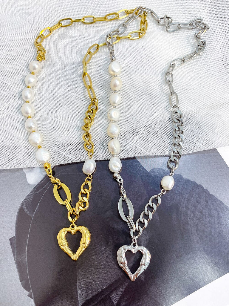 Famous Brand Jewelry Gold Color Heart-shaped Stainless Steel pearl Necklace For Woman Gift