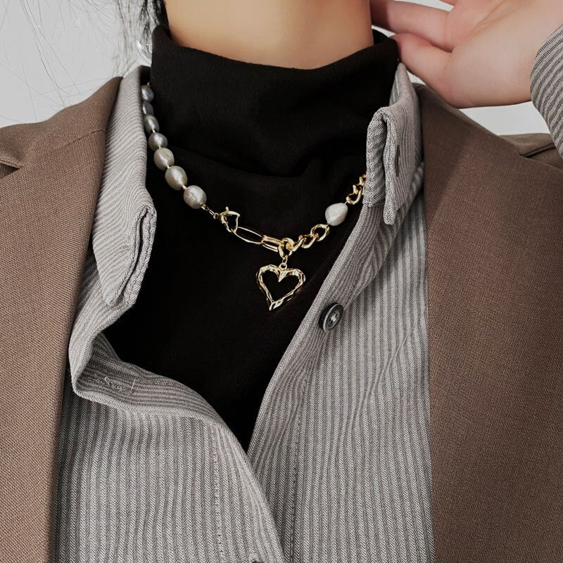 Famous Brand Jewelry Gold Color Heart-shaped Stainless Steel pearl Necklace For Woman Gift