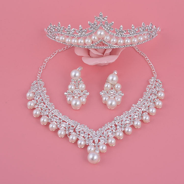 Luxury Fashion 2020 Necklaces Earrings Tiara Rhinestone Crystal Pearl Wedding Bride Party Wholesale Bridal Jewelry Sets