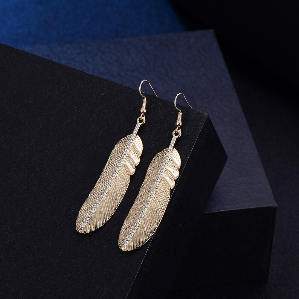 Gold Color Long Drop Feather Pendant for Earings Woman‘s Party Charm Gift Earring Accessories Korean Jewelry2022