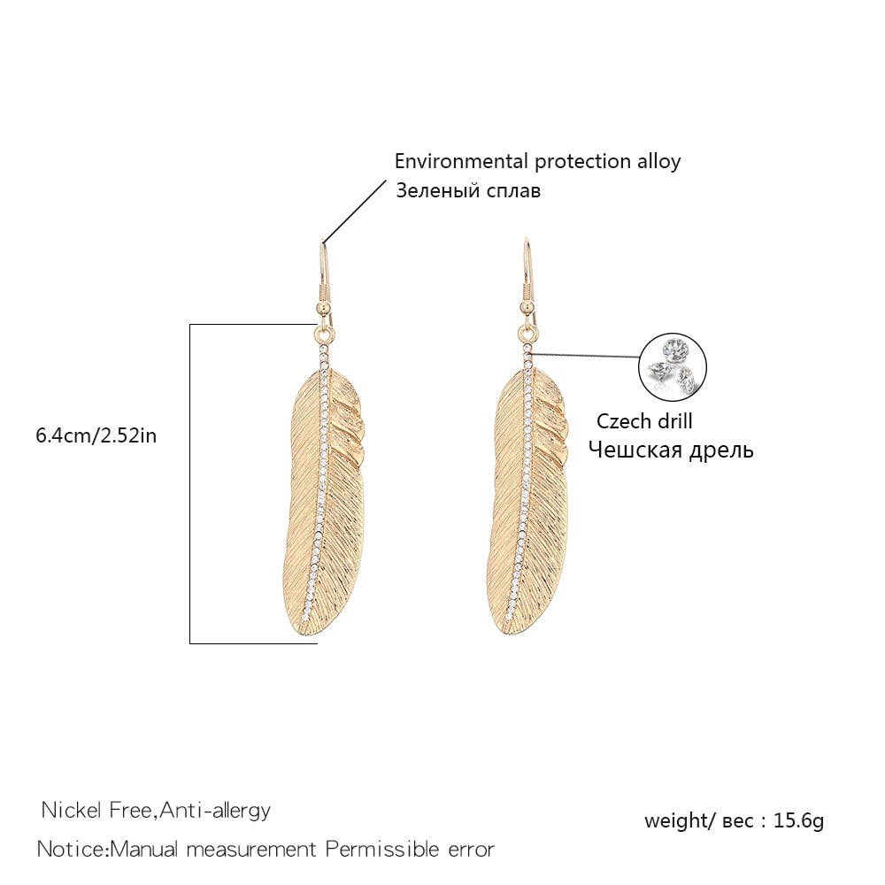 Gold Color Long Drop Feather Pendant for Earings Woman‘s Party Charm Gift Earring Accessories Korean Jewelry2022