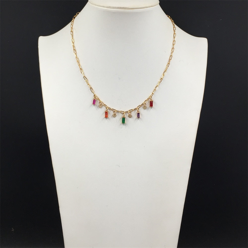 Gold Color Plating Red Green Purple Colorful Baguette Stone Round Disc Charm Delicate Necklace For Women Party Decoration