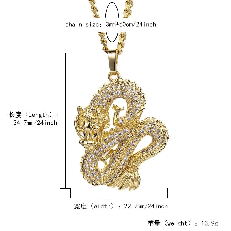 Gold Colors Zircon Dragon Pendant Necklaces for Men Women Iced Out Tennis Gold Chain Hip Hop Jewelry Gifts