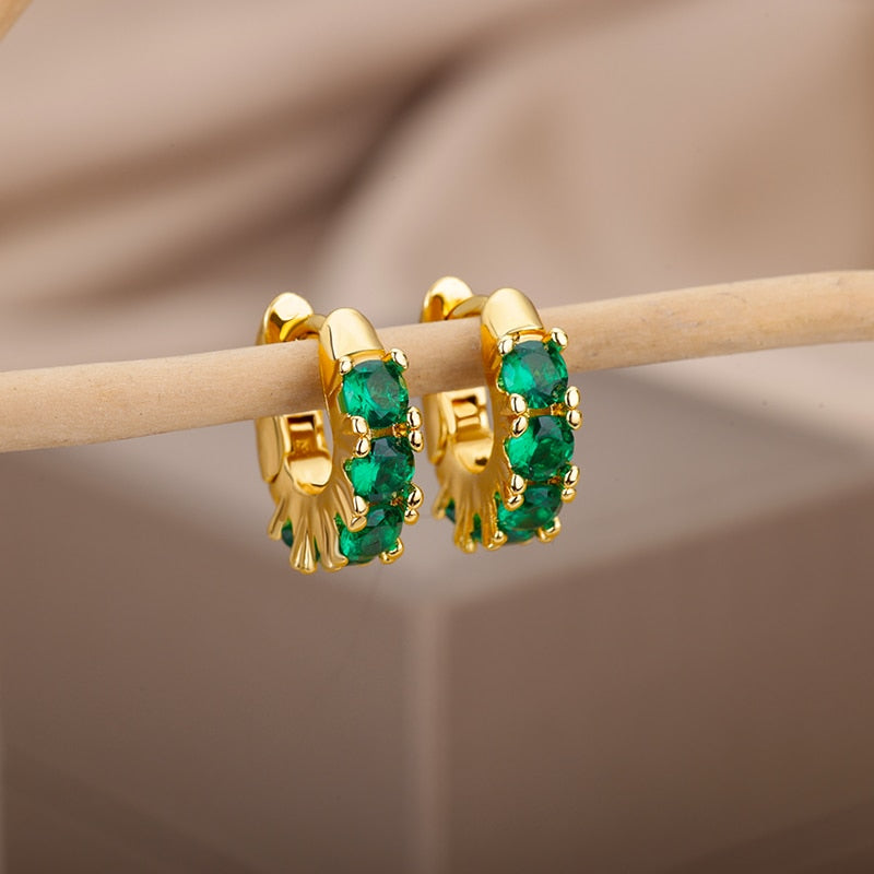 Green Zircon Hoop Earrings for Women Stainless Steel Couple Round Gold Color Earrings Trend 2023 Wedding Jewelry aretes