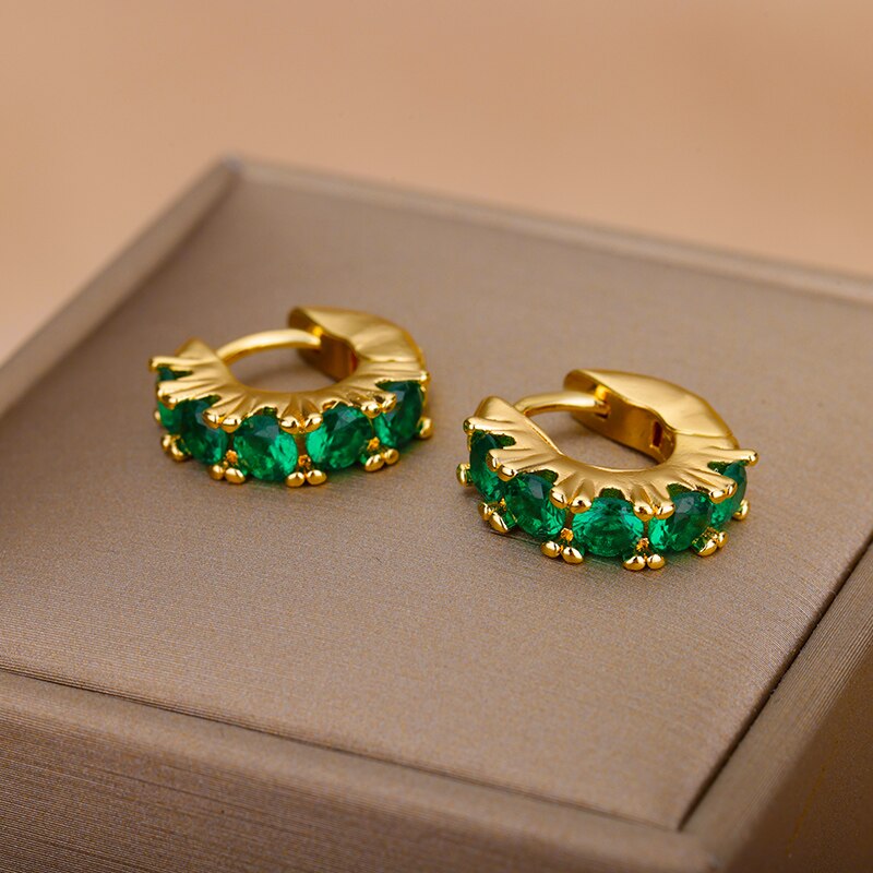 Green Zircon Hoop Earrings for Women Stainless Steel Couple Round Gold Color Earrings Trend 2023 Wedding Jewelry aretes