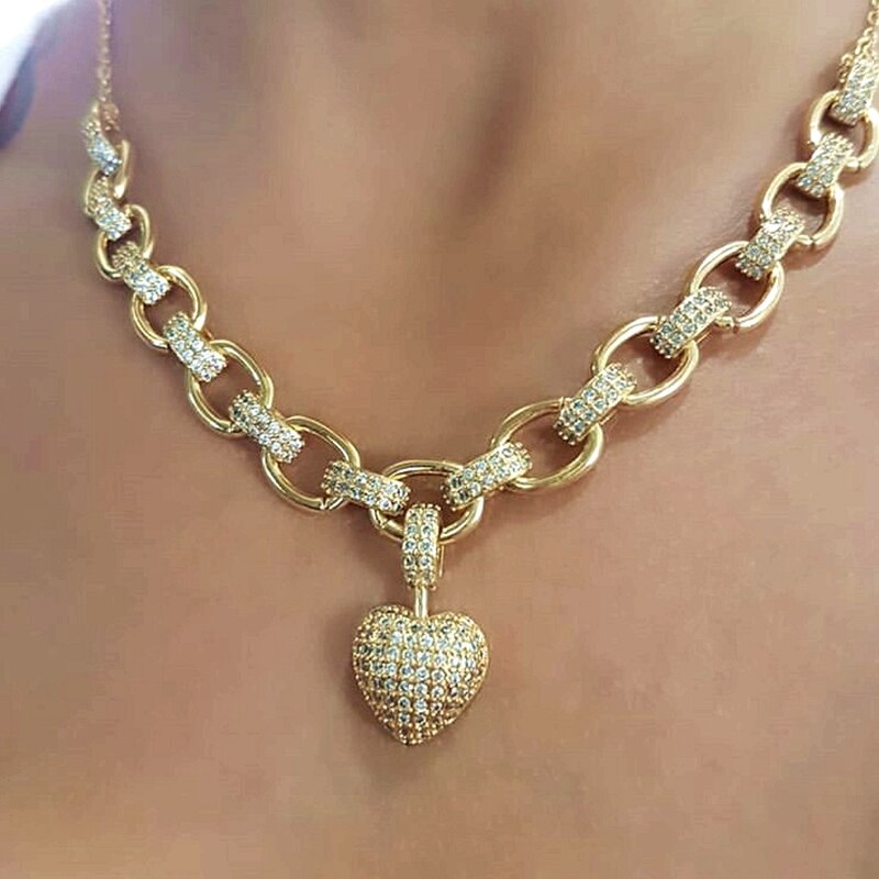 Heart Choker Necklace Micro Pave Cubic Zirconia Stone Gold color Love Heart Chain Silver Color Women Charms Jewelry Gift