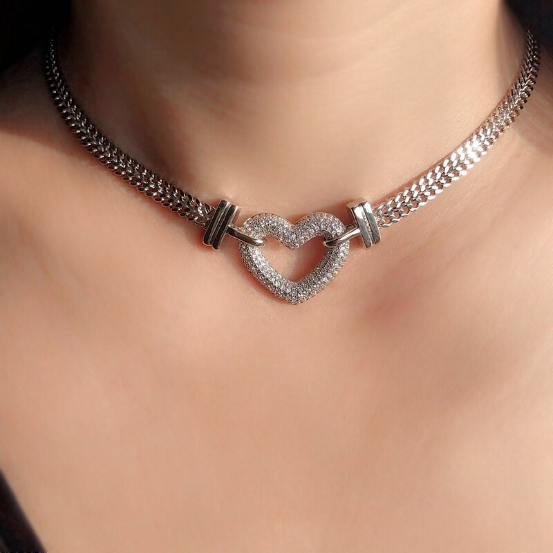 Heart Choker Necklace Micro Pave Cubic Zirconia Stone Gold color Love Heart Chain Silver Color Women Charms Jewelry Gift
