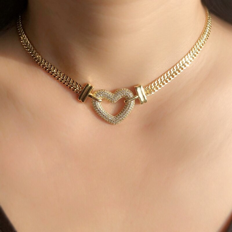 Heart Choker Necklace Micro Pave Cubic Zirconia Stone Gold color Love Heart Chain Silver Color Women Charms Jewelry Gift
