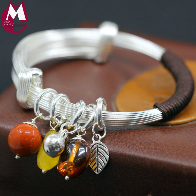 Luxury Jewelry 46g Handmade Leaf Big Natural Amber Red Agate and Beeswax Bangle Women Silver Engagement Wedding Bracelet SB81