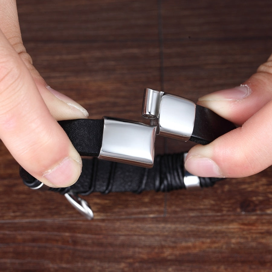 Multicolor Cross Design Classic Stainless Steel Men's Leather Bracelet 19/21/23 cm Choose Handsome Men's Christmas Gifts