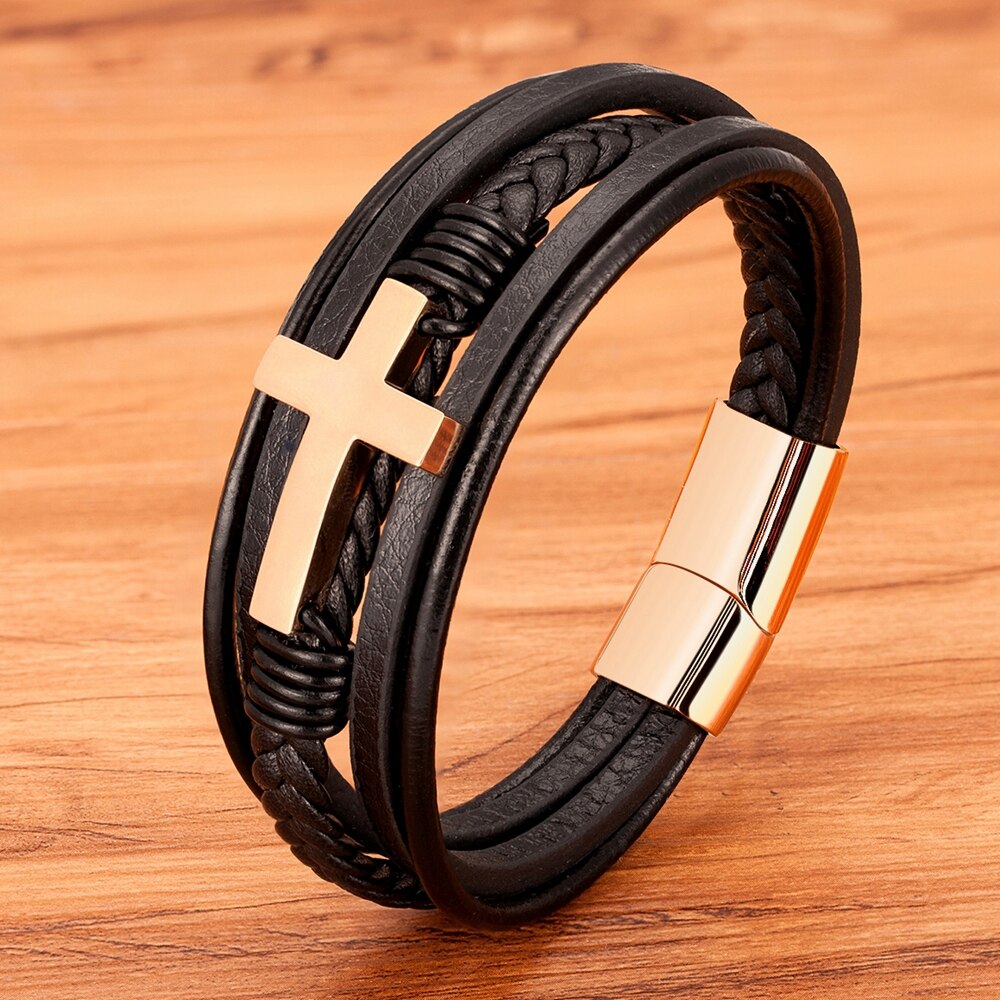 Multicolor Cross Design Classic Stainless Steel Men's Leather Bracelet 19/21/23 cm Choose Handsome Men's Christmas Gifts