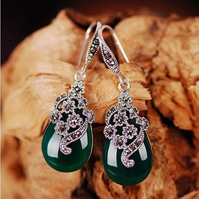 Luxury Natural Green Agate Vintage Earrings 925 Sterling Silver Drop Earrings For Women Exquisite Ethnic Flower Water Drop SE03