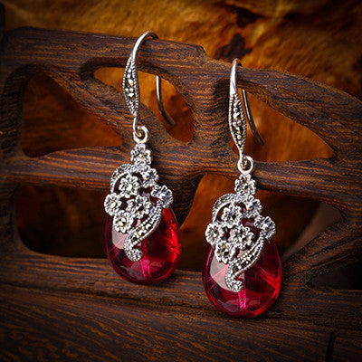 Luxury Natural Green Agate Vintage Earrings 925 Sterling Silver Drop Earrings For Women Exquisite Ethnic Flower Water Drop SE03