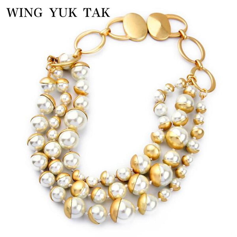 Luxury New Choker Necklace Chic Hyperbole Gold Color Copper Pearl Bib Collar Necklace For Women Charm Jewelry Factory Wholesale