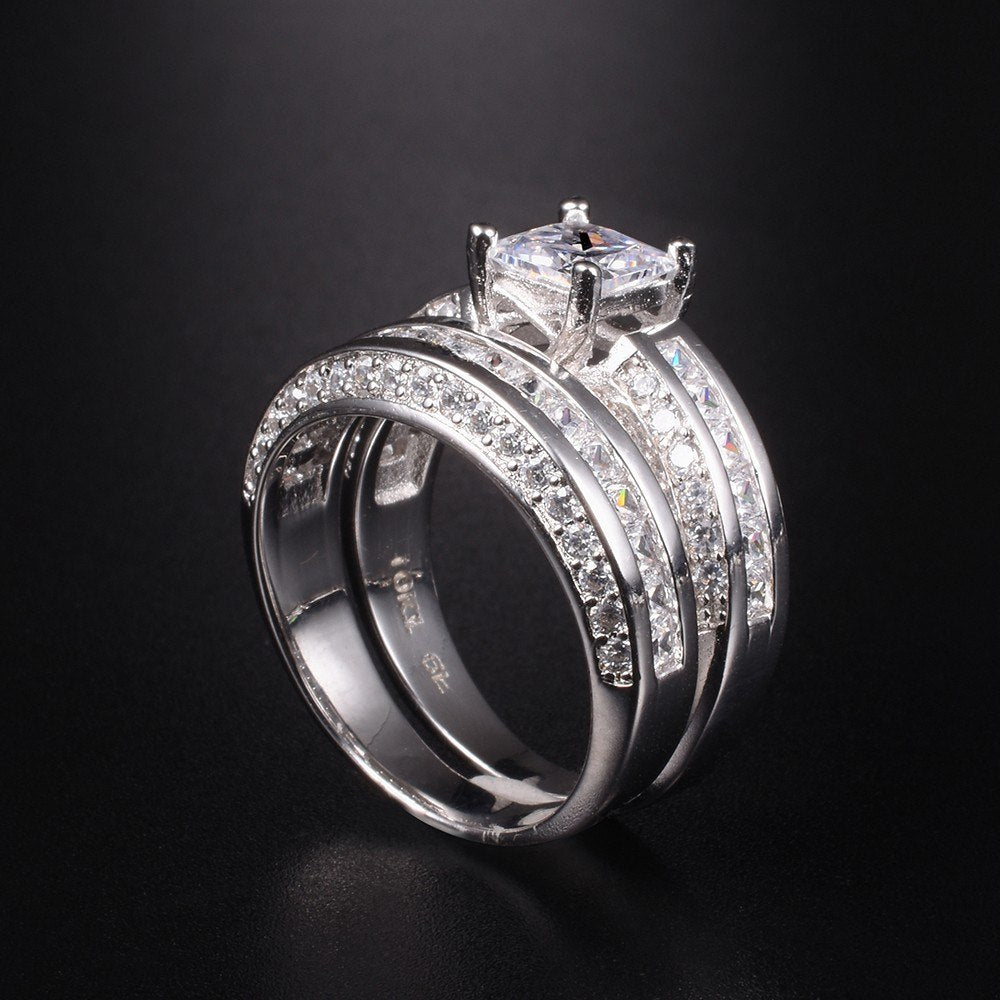 Luxury Princess-cut white topaz Rings Sets 2-in-1 Engagement Wedding Ring finger For Women 10KT White gold Plated Jewelry