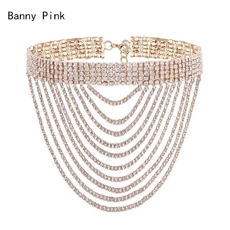 Rhinestone Chain Tassel Choker Necklace For Women Chunky layer Crystal Pendant Choker Collar Jewelry Colliers