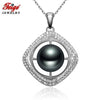 Luxury Square Black Pearl Pendant Necklaces for Women 10-11MM Pearl Real 925 Sterling Silver Chain Dropshipping FEIGE
