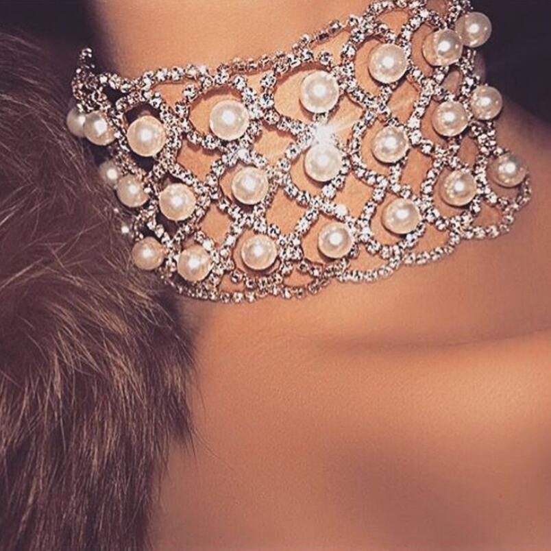 Statement Necklace Big Rhinestone Choker maxi crystal necklace Simulated Pearl Party Collier Femme Jewelry Collares