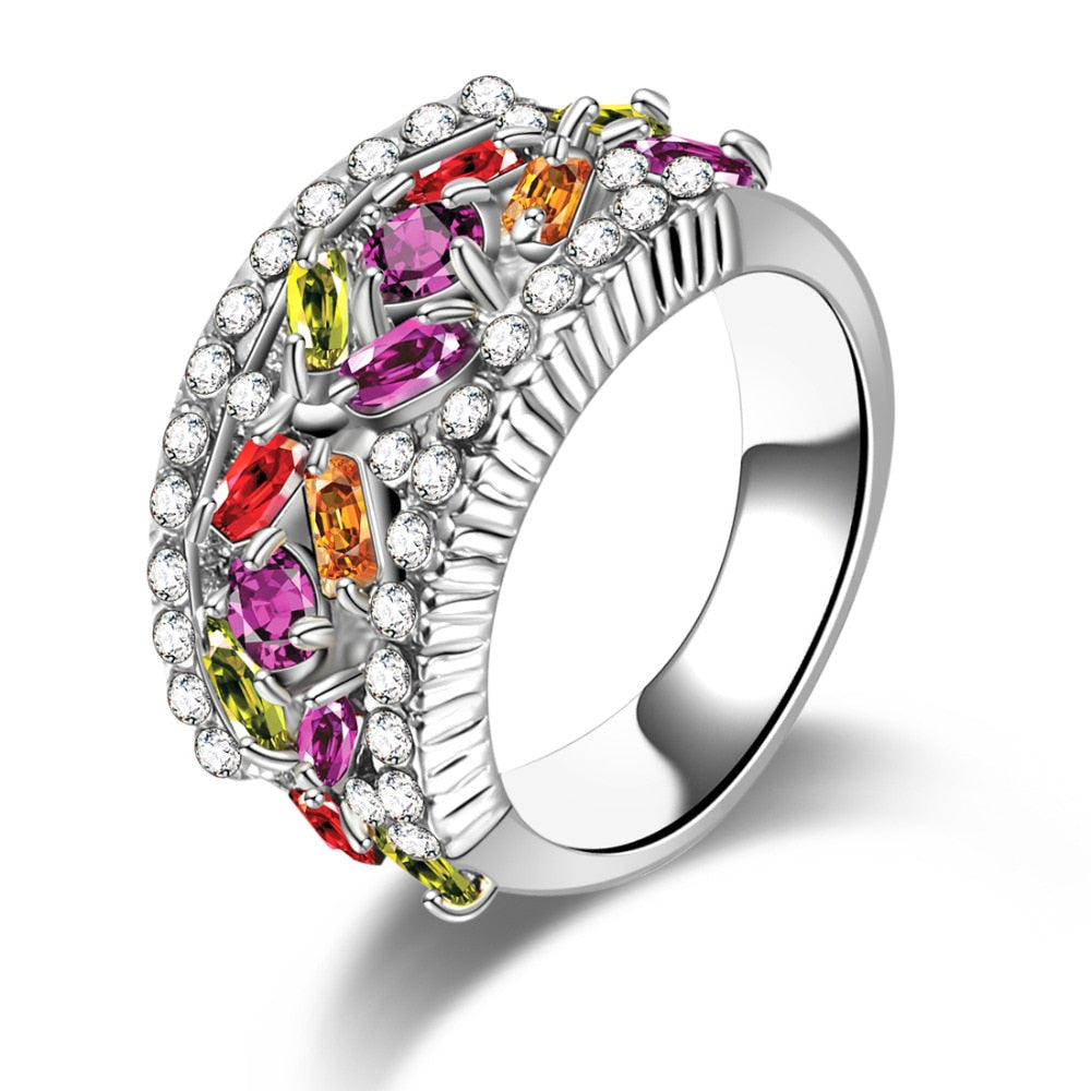 Luxury Statement Wedding Ring for Women Multicolor AAA Zirconia High Quality Party Fashion Jewelry Gift Gold/Silver Color Ring