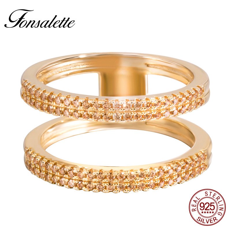 Luxury Sterling Silver Gold Tone Cubic Zirconia Two Band Ring Wedding Band Ring Statement Ring Woman Jewelry Gift ZK30