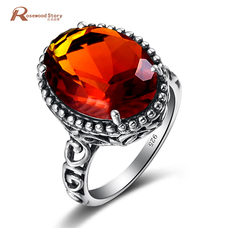 Luxury Trendy Brown Stone Amber Ring For Women Dazzle Beautiful Accessories 925 Silver Coral Vintage Oval Big Rings