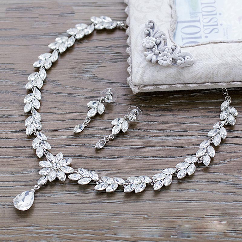 Luxury Wheat Teardrop Crystal Wedding Bridal Jewelry Sets Silver Color Necklace Earrings Set for Women Costume Accessories