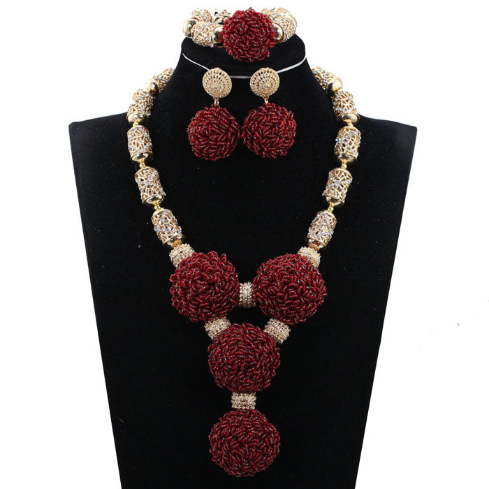 Luxury Wine Burgundy Dubai Bridal Women Jewelry Set Burgundy Beaded African Costume Jewelry Set for Nigerian Wedding WE024