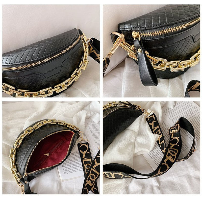 Chain Waist Bag For Women Designer Jacquard Embroidered Shoulder Handbag Pu  Leather Belt Bag Wide Strap Crossbody Chest Bag Sac