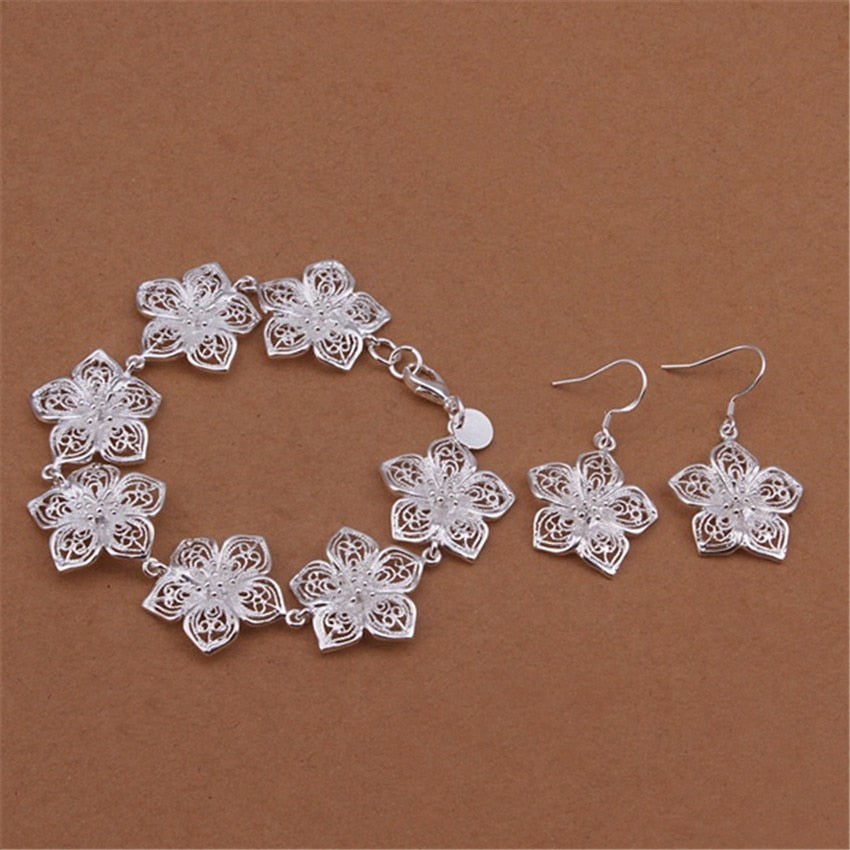 designer sets 925 sterling Silver elegant Flowers earrings bracelet for woman Party wedding Christmas Gifts