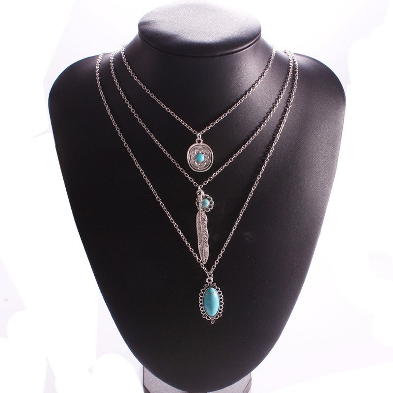 Fashion Necklaces 3 Layers Pendants Necklace Festival Fashion Feather Turquoises Necklaces for Women Jewelry Accessories