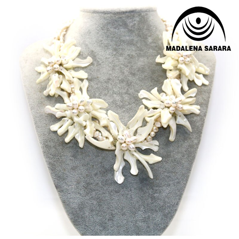 MADALENA SARARA European American White Freshwater Pearl Necklace Five Shell Flower Multi-rows Necklace Personality