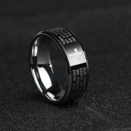 MANGOSKY    Cross Scripture Titanium Steel Ring for Men and Women