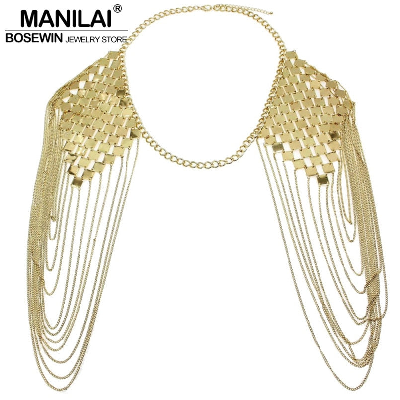 MANILAI Bohemian Punk Statement Necklaces Collar Shoulder Chain Long Necklaces & Pendants Women Sexy Statement Body Jewelry