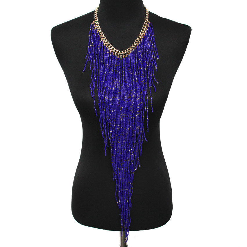 Bohemian Style Design Women Fashion Charm Jewelry Resin Bead Handmade Long Tassel Statement Link Chain Choker Necklace