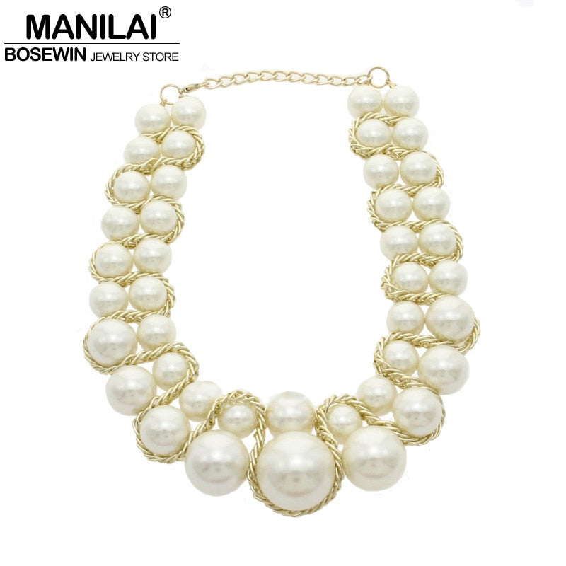 MANILAI Factory price Bib Chunky imitation Pearl Necklaces Women Fashion Jewelry Chains Cross Beads Choker Statement Necklaces