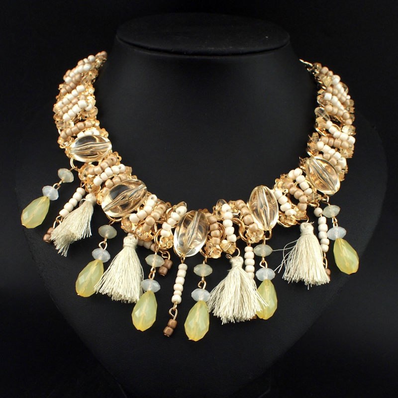 Handmade Crystal Chunky Chain Bib Collar Choker Women Charm Jewelry Resin Yarn Tassel Statement Necklaces CE3279