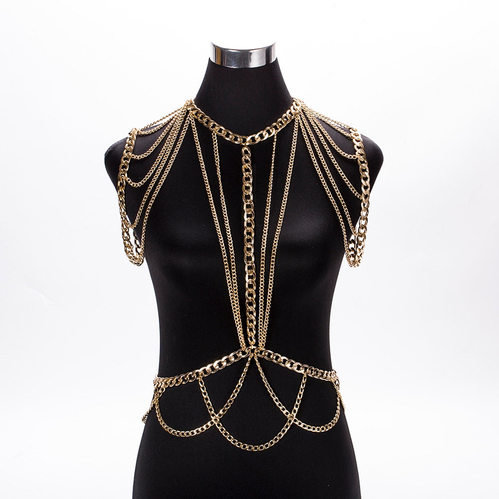 MEILIYISHI Gold chunky Metal Body shoulder Chain Jewelry Necklace shoulder chain Harness Dress Decor Slave Chain Jewelry