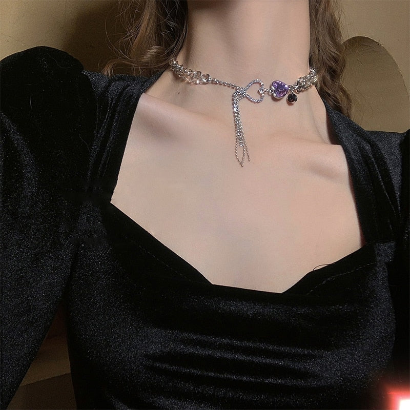 MENGJIQIAO Punk Purple Heart Necklaces Choker For Women Girls Metal Silver Color Pendant Chain Party Jewelry Gifts