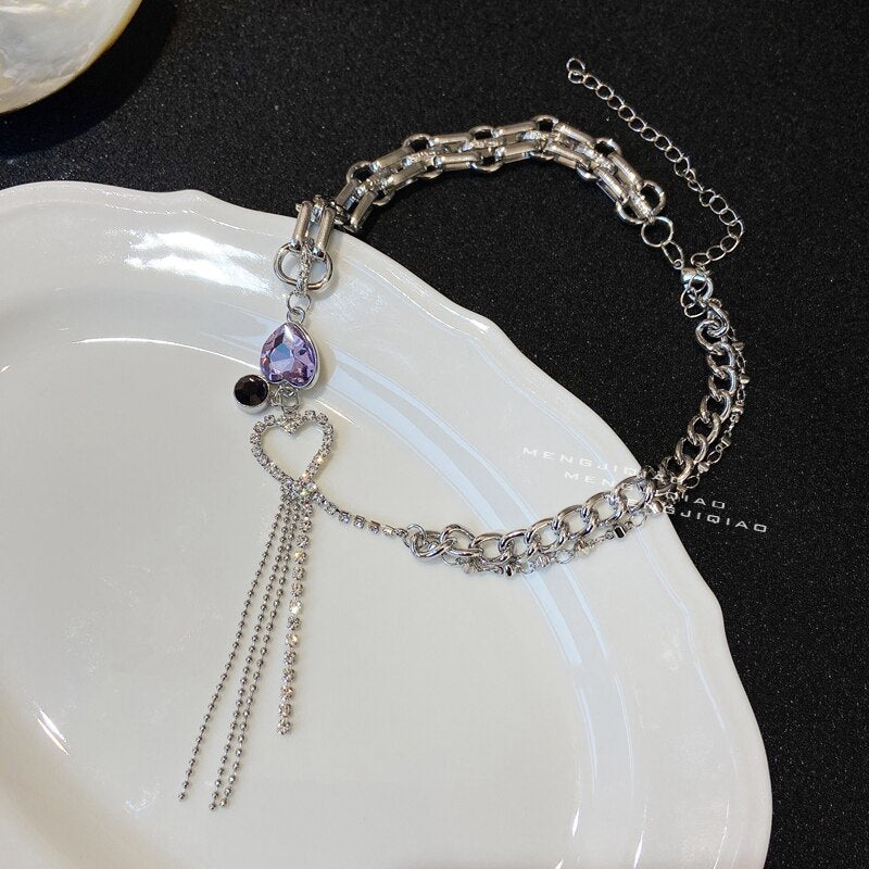 MENGJIQIAO Punk Purple Heart Necklaces Choker For Women Girls Metal Silver Color Pendant Chain Party Jewelry Gifts