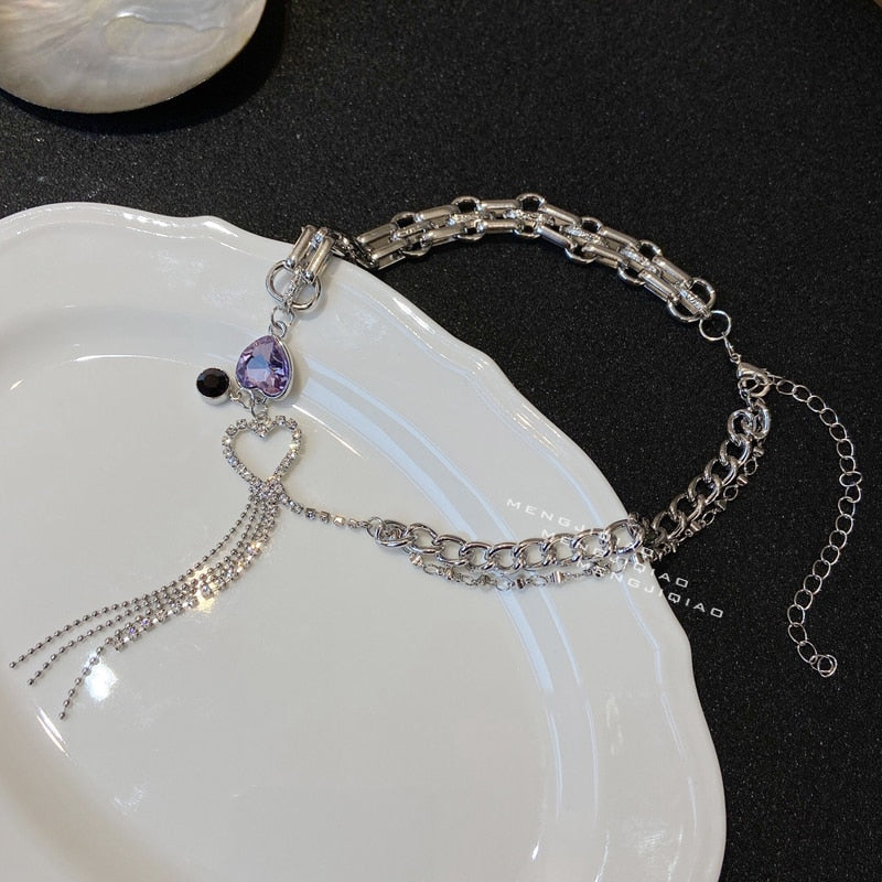 MENGJIQIAO Punk Purple Heart Necklaces Choker For Women Girls Metal Silver Color Pendant Chain Party Jewelry Gifts