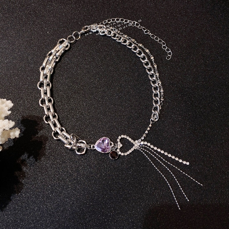 MENGJIQIAO Punk Purple Heart Necklaces Choker For Women Girls Metal Silver Color Pendant Chain Party Jewelry Gifts