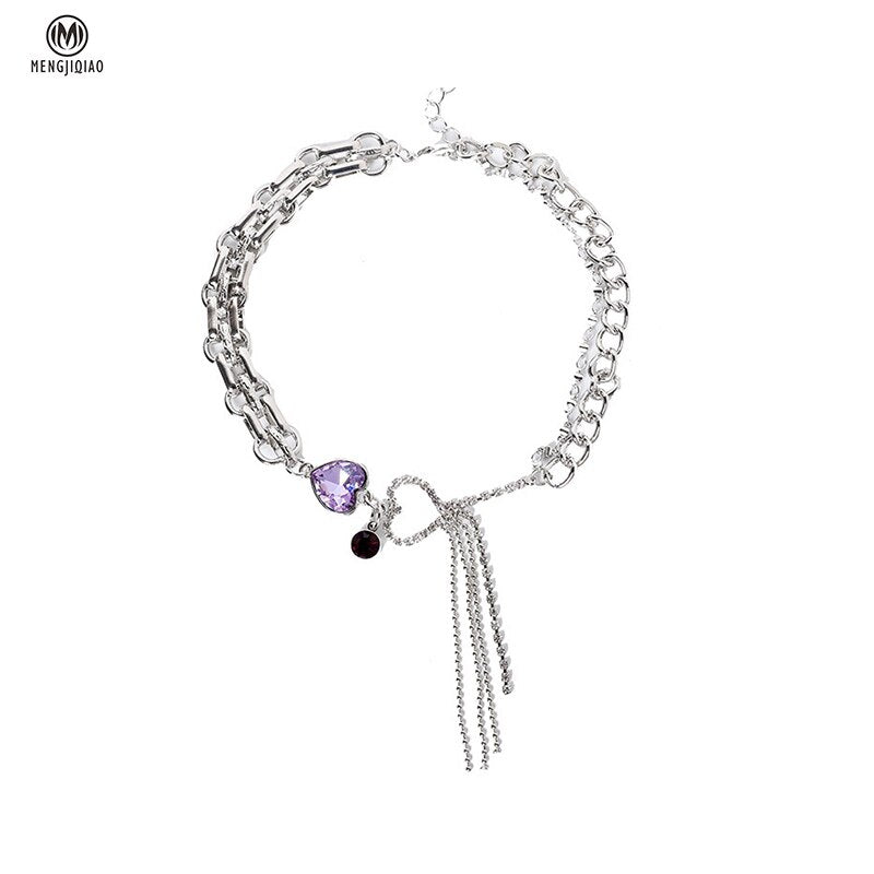 MENGJIQIAO Punk Purple Heart Necklaces Choker For Women Girls Metal Silver Color Pendant Chain Party Jewelry Gifts