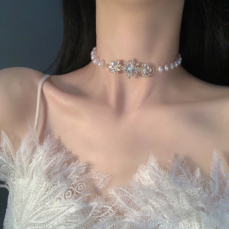 MENGJIQIAO Korean Elegant  Pearl Beads Choker Necklace For Women Girls  Flower Crystal ShortNecklace Party Jewelry